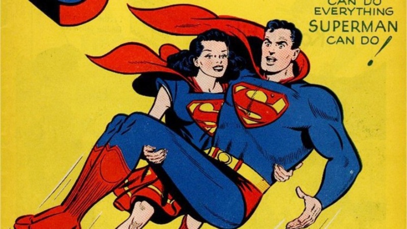 Superman being carried in the air by Lois Lane