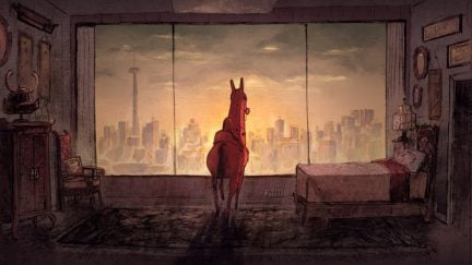 A horse staring out a skyscraper window.