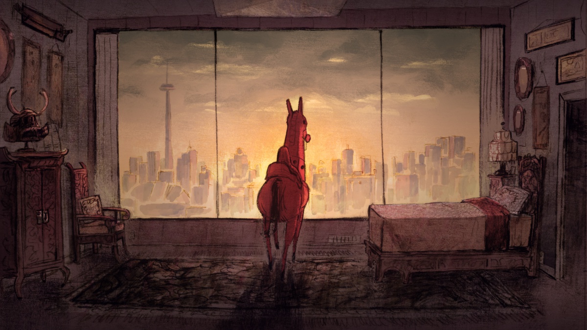 A horse staring out a skyscraper window.