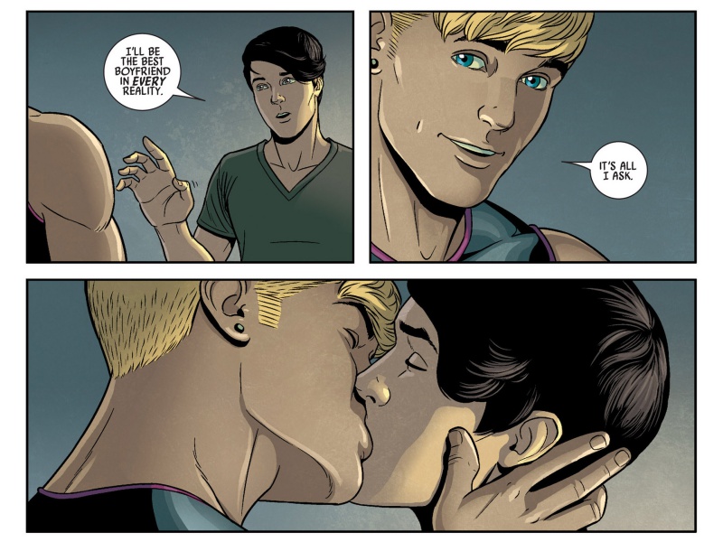 Wiccan and Hulkling kissing each other and being cute.