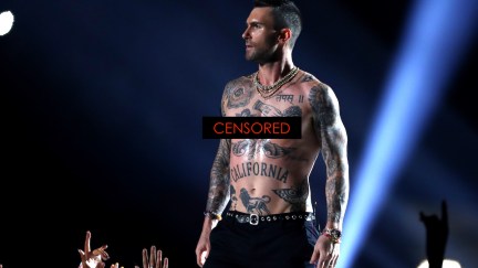 Adam Levine of Maroon 5 performs shirtless during the Pepsi Super Bowl LIII Halftime Show