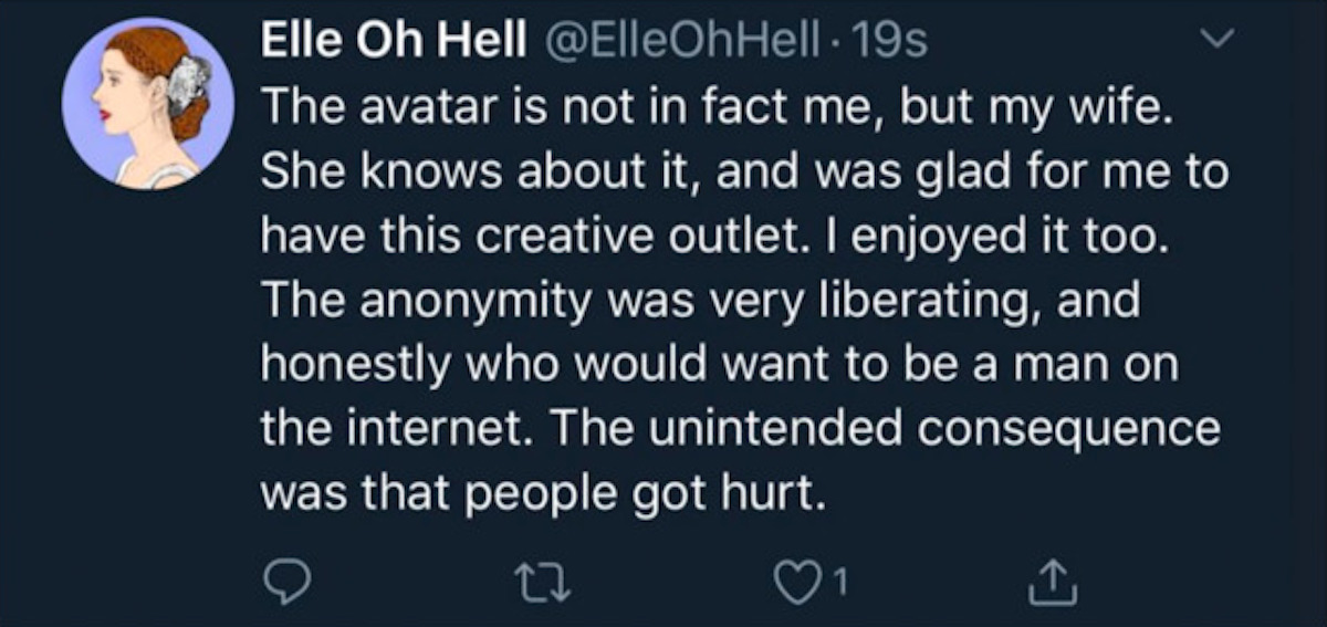 Incredibly obtuse tweet from Elle Oh Hell, a man pretending to be his wife on Twitter.