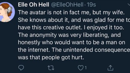 Incredibly obtuse tweet from Elle Oh Hell, a man pretending to be his wife on Twitter.