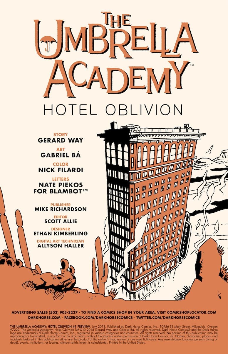 Umbrella Academy Hotel Oblivion title page.
