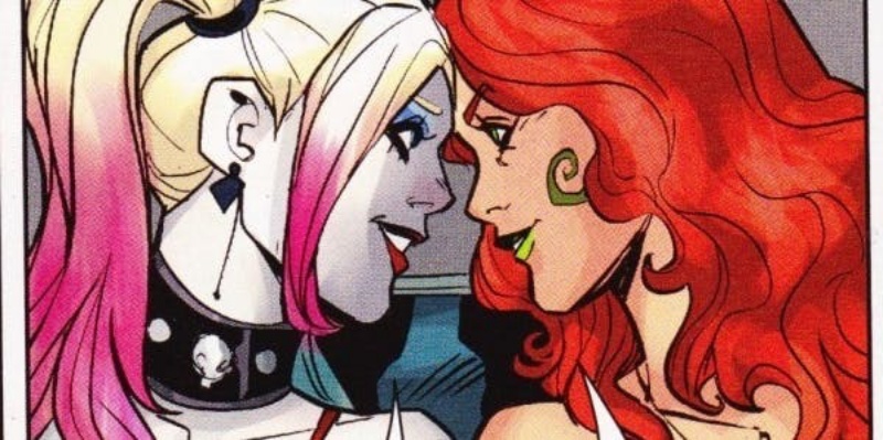 Harley Quinn and Poison Ivy touching foreheads together and being cute af