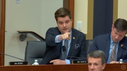 Rep matt Gaetz points his finger at at a visitor during a committee hearing