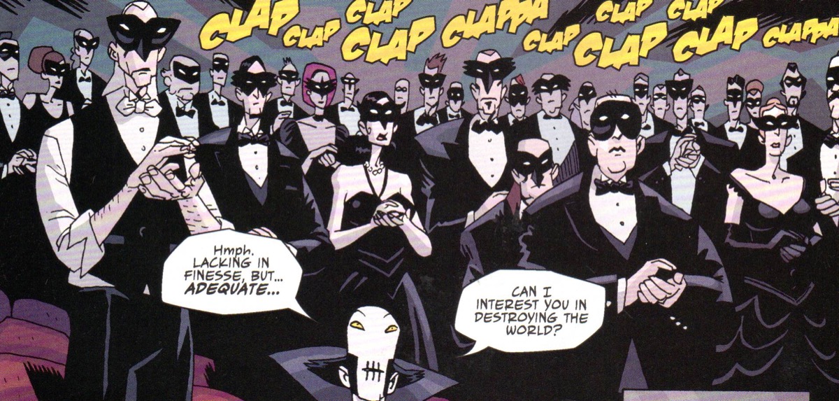 Audience members clapping with the Conductor in the Umbrella Academy comic.