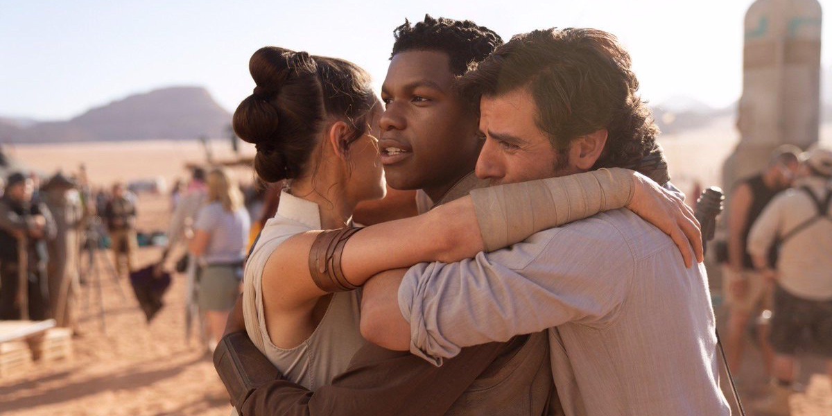 JJ Abrams shared an emotional photo of Daisy Ridley, John Boyega, and Oscar Isaac to celebrate Episode IX wrapping.