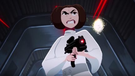 Leia brandishing a blaster on the Death Star in Star Wars animated short.
