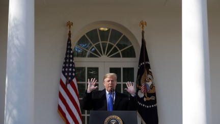 Donald Trump speaks on border security during a bizarre Rose Garden event at the White House
