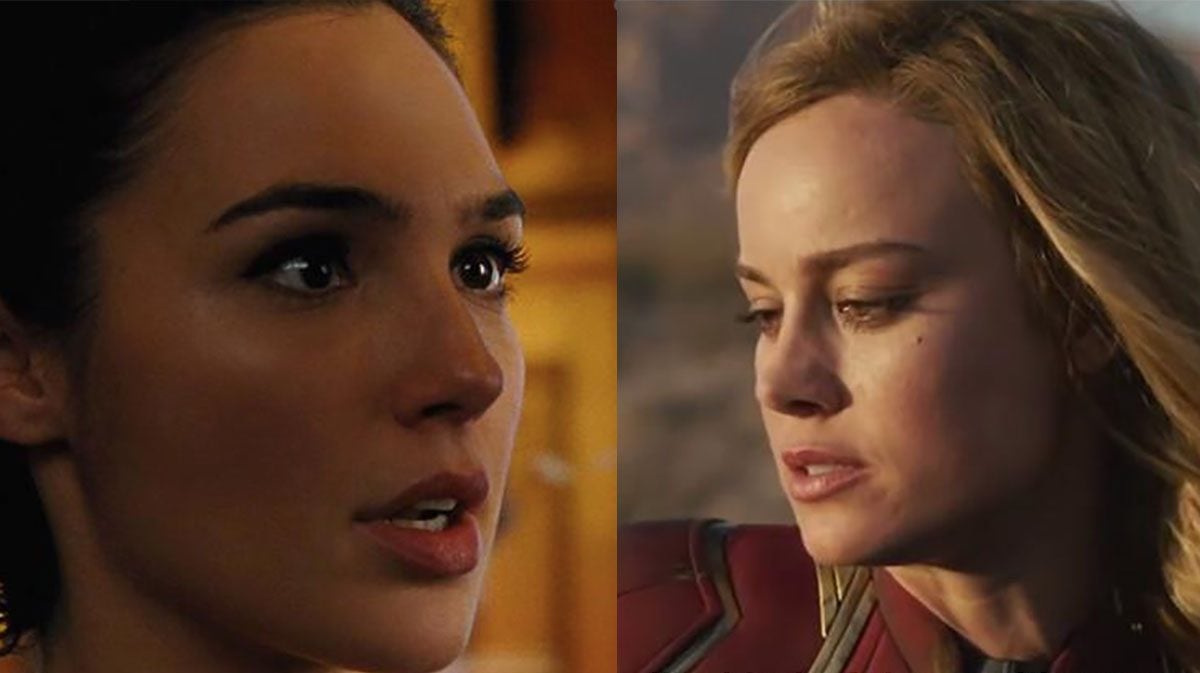 Wonder Woman and Captain Marvel's faces from their respective movies.