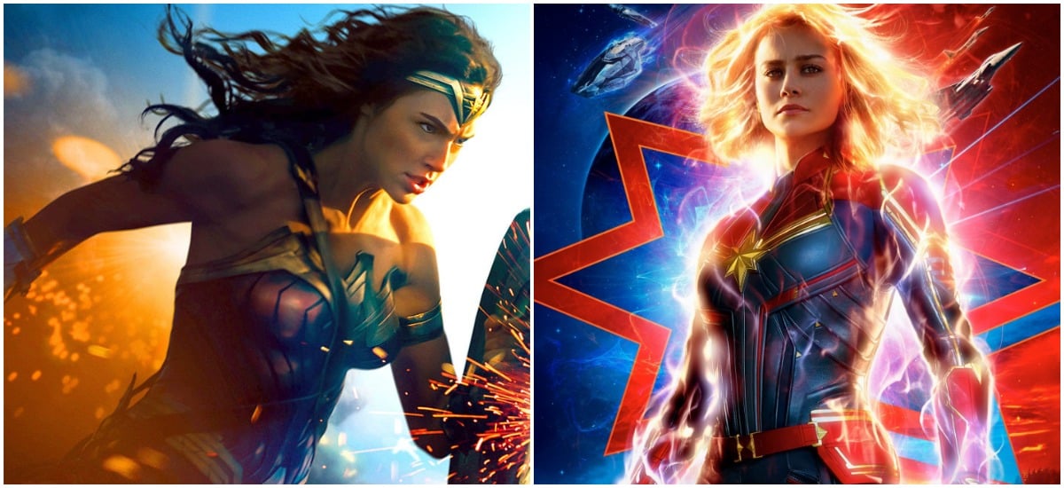 Wonder Woman and Captain Marvel strike heroic poses in their respective posters.