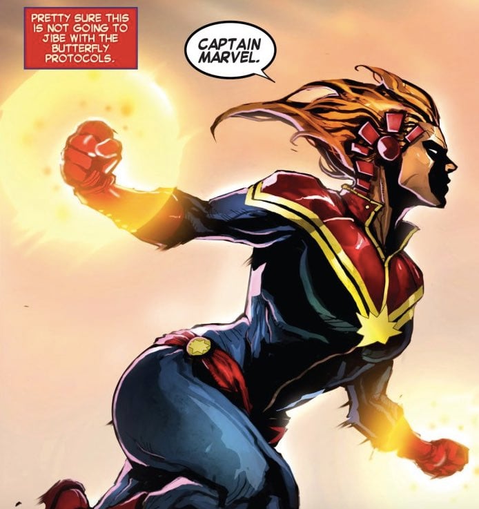 Captain Marvel flying and about to do some damage in the comics.