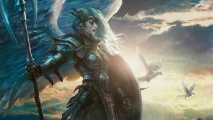 Magic The Gathering angel Serra card with the character holding a spear on the twilight's last gleaming