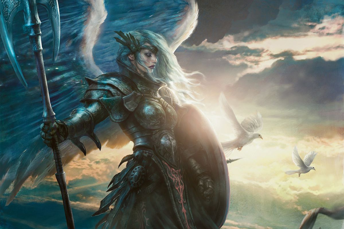 Magic The Gathering angel Serra card with the character holding a spear on the twilight's last gleaming