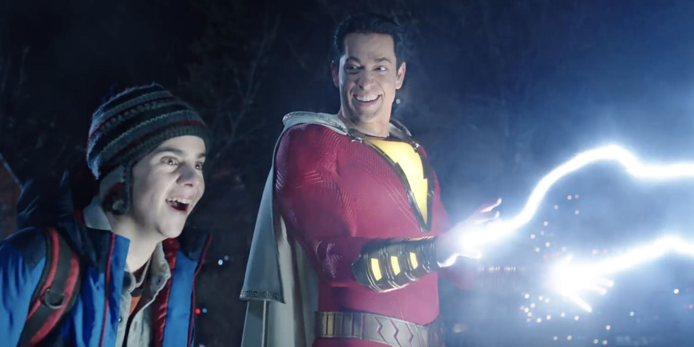 Zachary Levi and Jack Dylan Grazer as Shazam and Freddy Freeman in DCEU's Shazam.