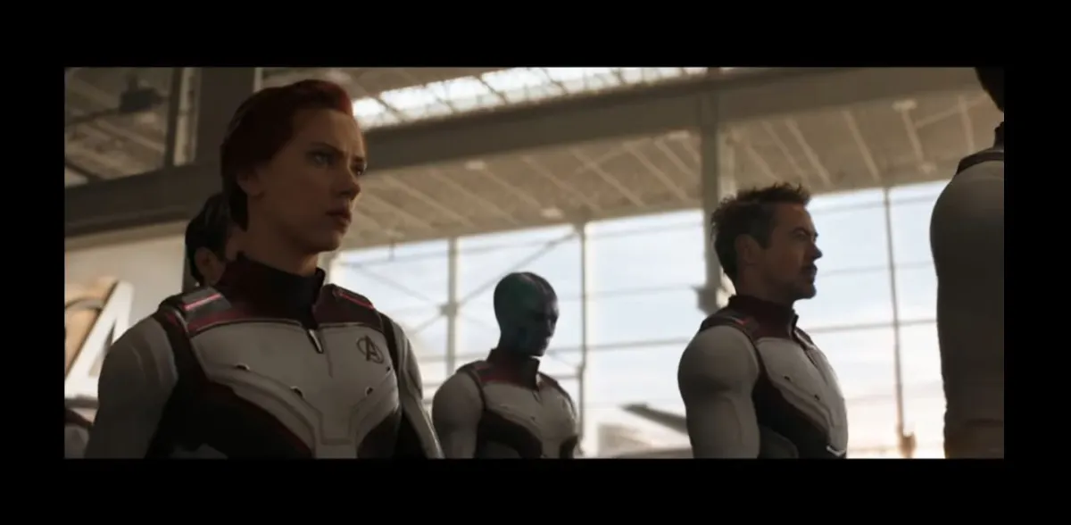 black widow, nebula, and tony stark in nanotech suits for avengers: endgame.