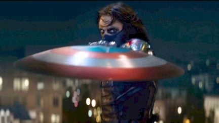 Bucky as the Winter Soldier, catching Captain America's shield in Captain America: The Winter Soldier.