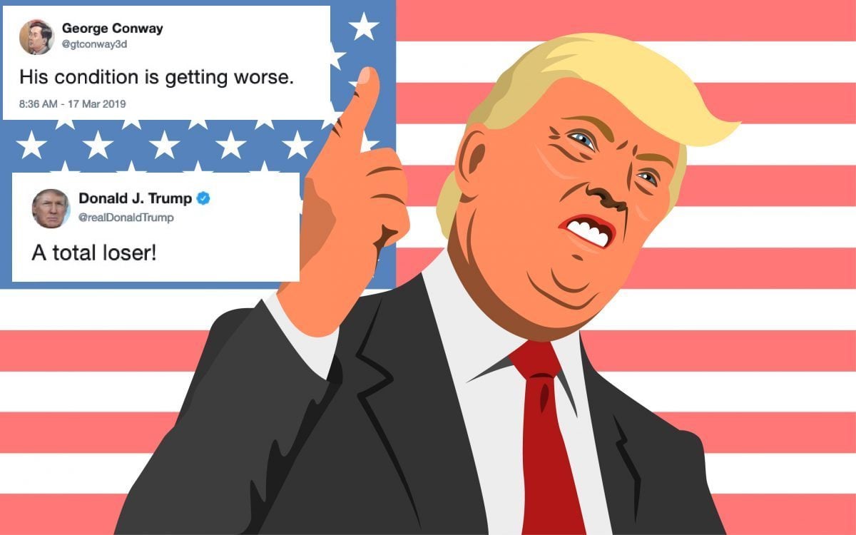 Illustration of an angry Donald Trumps with tweets from George Conway feud
