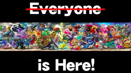 Smash Bros. Ultimate cast with Everyone Is Here text.