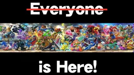 Smash Bros. Ultimate cast with Everyone Is Here text.