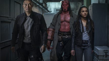 Ben Daimio (Daniel Dae Kim, left), Hellboy (David Harbour, center) and Alice Monaghan (Sasha Lane) in HELLBOY.