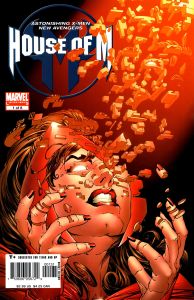 House of M comic cover with Scarlet Witch coming apart literally.