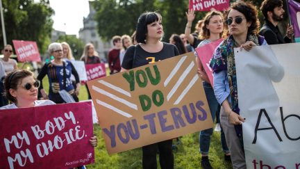 Pro-choice protestors holding signs. One reads 