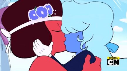 Ruby and Sapphire kiss at their wedding on Steven Universe.