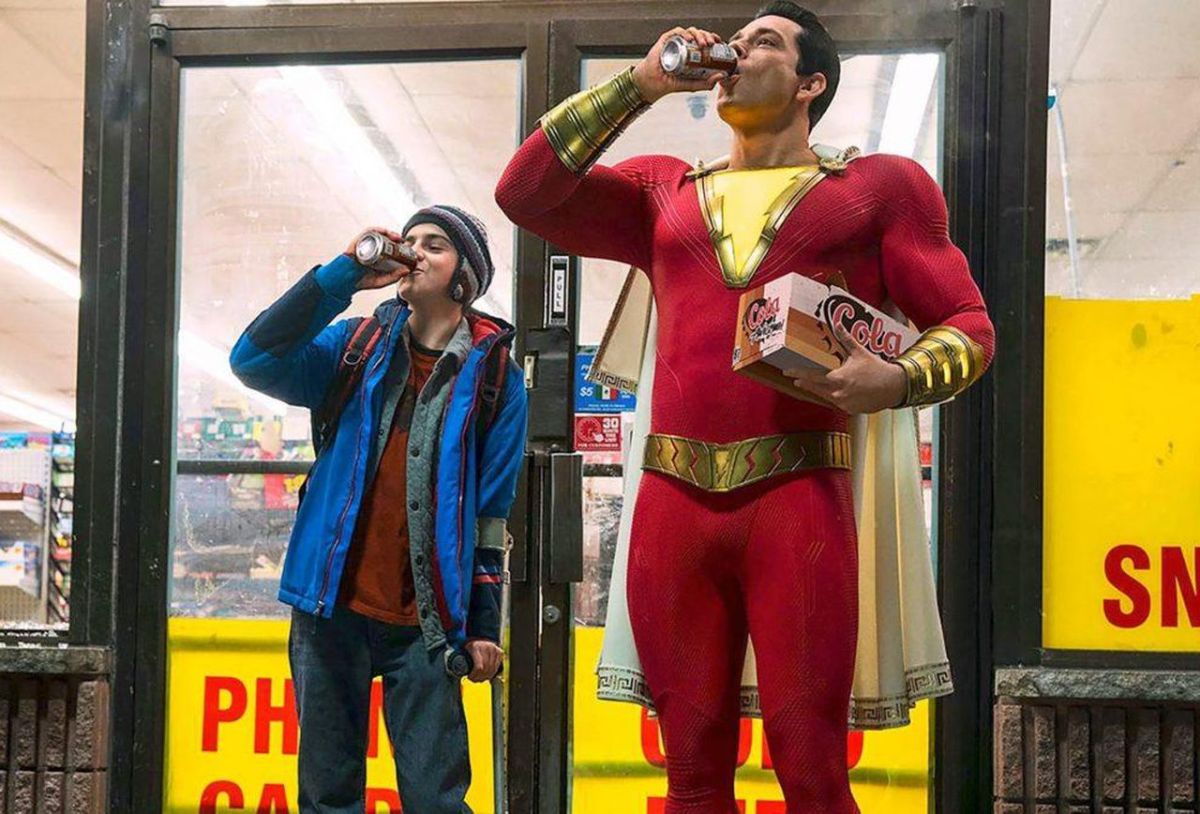 Zachary Levi and Jack Dylan Grazer as Shazam and Freddy Freeman in DCEU's Shazam.