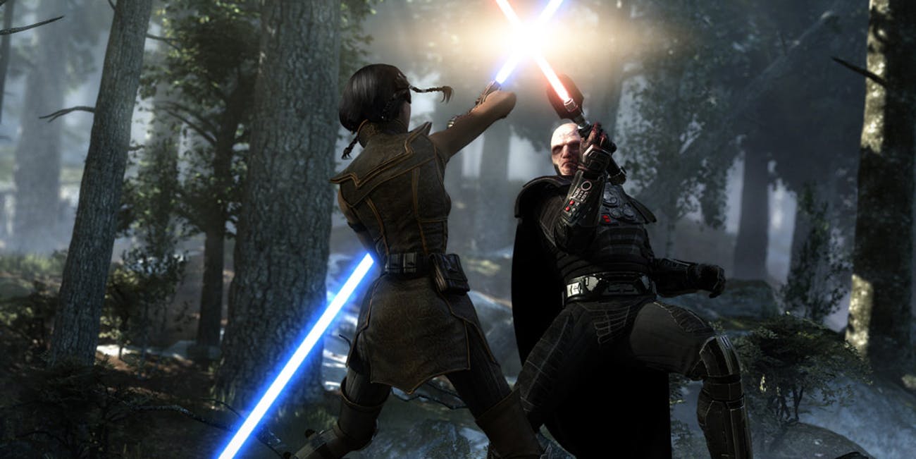 A Jedi and Sith do battle in this still from Star Wars: Knights of the Old Republic