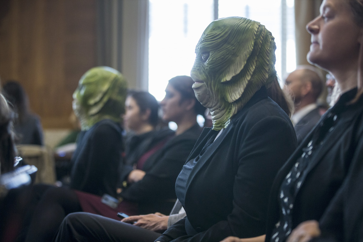 WASHINGTON, DC - MARCH 28: A demonstrator wears a Creature from the Black Lagoon mask as David Bernhardt, President Donald Trump's nominee to be Interior Secretary, testifies during a Senate Energy and Natural Resources Committee confirmation hearing on March 28, 2019 in Washington, DC. (Photo by Zach Gibson/Getty Images)