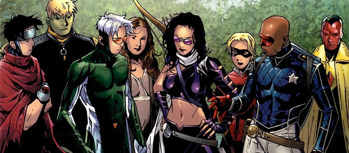 The Young Avengers stand together in a comic panel.