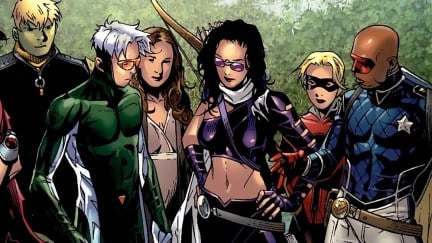 The Young Avengers stand together in a comic panel.