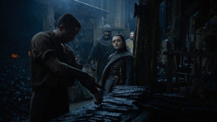 Joe Dempsie and Maisie Williams in Game of Thrones (2011) as Arya looks at Gendry realizing that she's gonna tap that so hard the way only a rich girl can