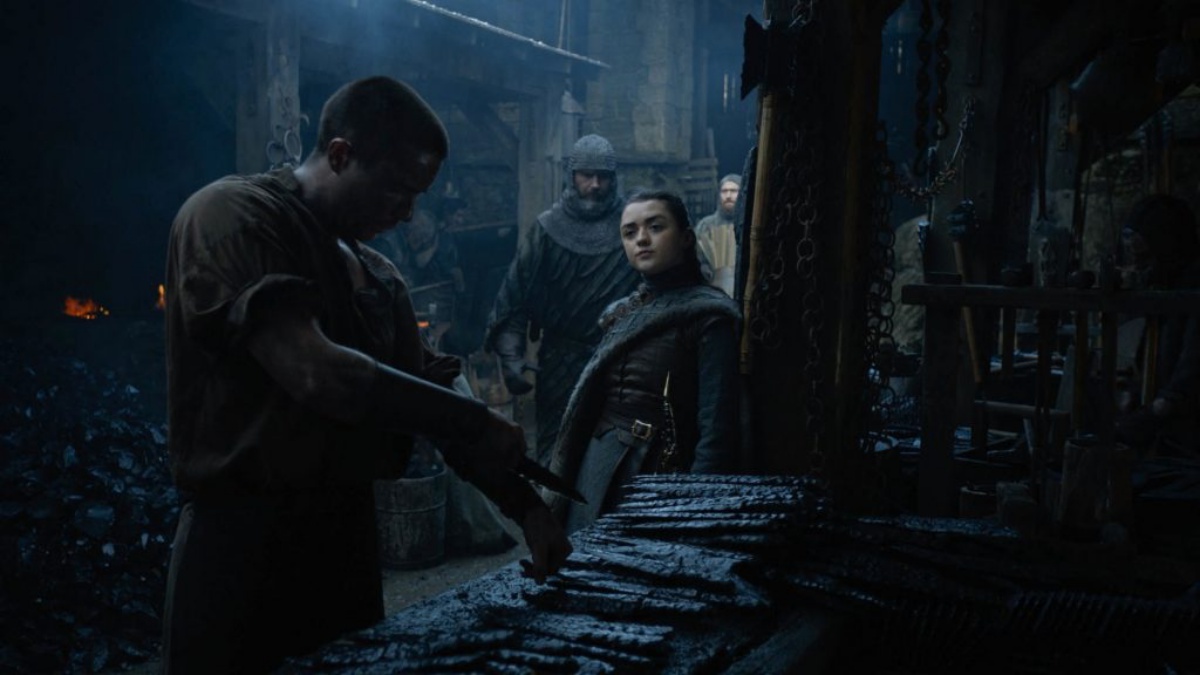 Joe Dempsie and Maisie Williams in Game of Thrones (2011) as Arya looks at Gendry realizing that she's gonna tap that so hard the way only a rich girl can