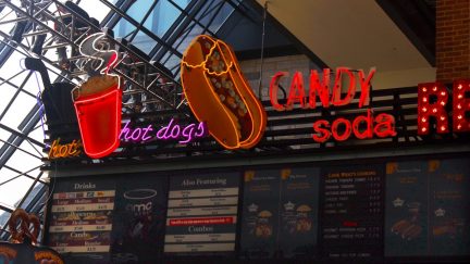 AMC movie theater concessions menu sign.