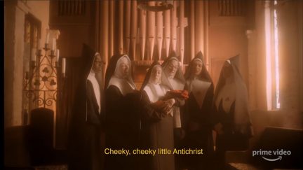 the chattering order of st. beryl sing the praises of the antichrist in this good omens teaser.