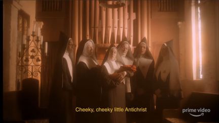 the chattering order of st. beryl sing the praises of the antichrist in this good omens teaser.