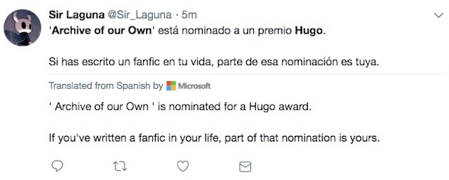 Tweet about Archive of Our Own Hugo nomination
