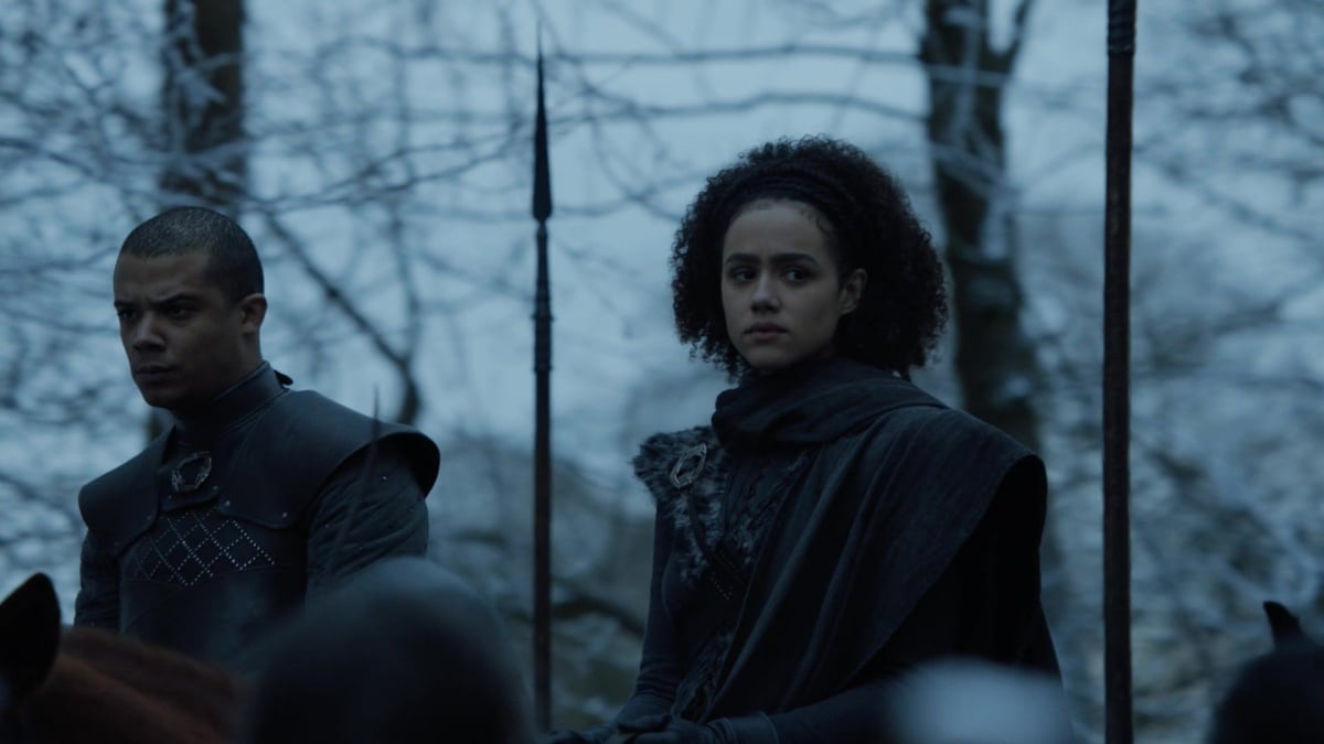 Grey Worm and Missandei enter Winterfell on Game of Thrones where the North meets people of color for the first time yayyyy only thing scarier than dragons are brown people on horses