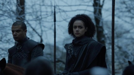 Grey Worm and Missandei enter Winterfell on Game of Thrones where the North meets people of color for the first time yayyyy only thing scarier than dragons are brown people on horses.