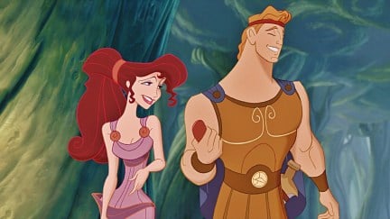 An animated Hercules is wearing his complete armor while talking to an animated Meg who is wearing a loose toga-style dress.