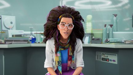 Doctor Olivia Octavius observes Spider-Man in a still from Spider-Man: Into the Spider-Verse.