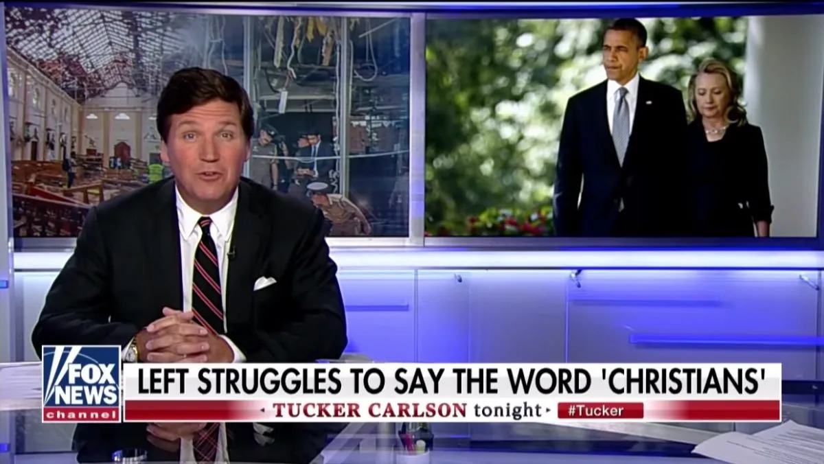 Tucker Carlson sitting at his Fox news desk showing a picture of Hillary Clinton and Barack Obama above a chyron reading "Left struggles to say the word 'Christians'" 