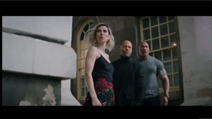 vanessa kirby, jason statham and dwane johnson in hobbs and shaw.