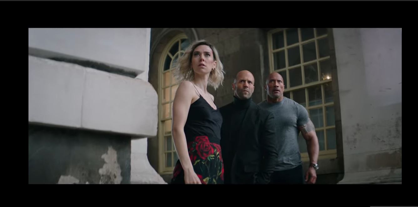 vanessa kirby, jason statham and dwane johnson in hobbs and shaw.