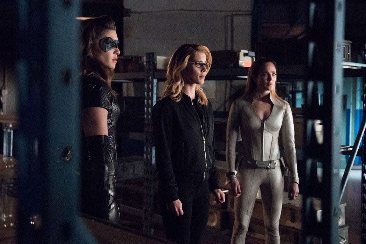 Pictured (L-R): Juliana Harkavy as Dinah Drake/Black Canary, Emily Bett Rickards as Felicity Smoak and Caity Lotz as Sara Lance/White Canary in The CW's Arrow.