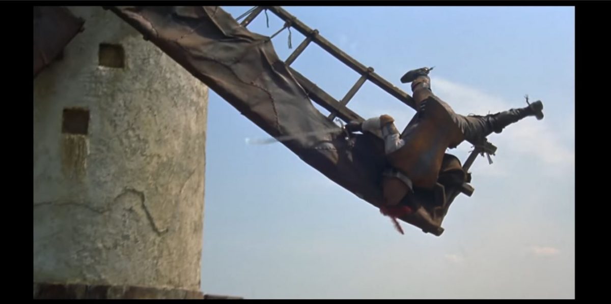 peter o'toole takes on a windmill as don quixote in Man of La Mancha