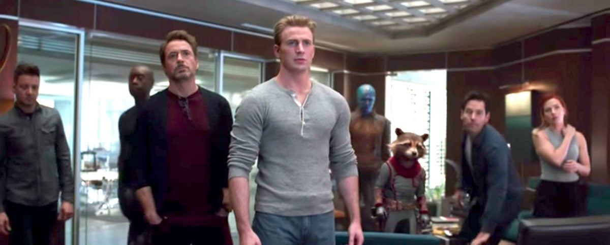 The remaining Avengers in a conference room in Avengers: Endgame.